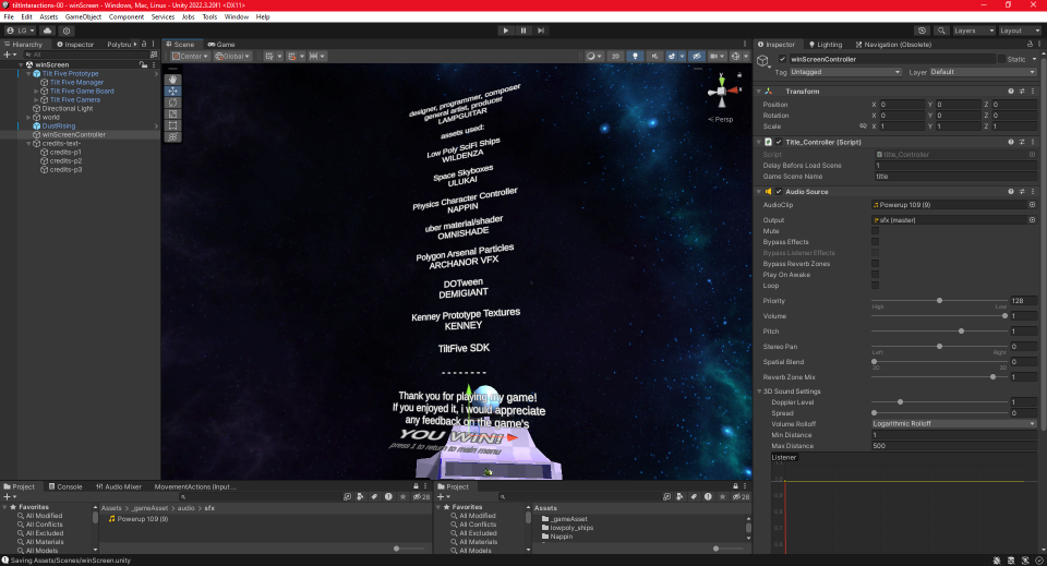 unity screenshot of credits scene of Belt Voyager.